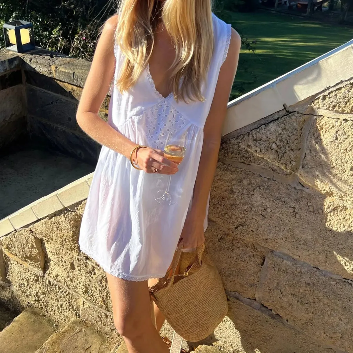 Combhasaki Women Summer Y2K Mini Tank Dress Sleeveless Lace Trim Deep V Neck Trendy Floral Eyelet Beach Loose Fit Short Sundress