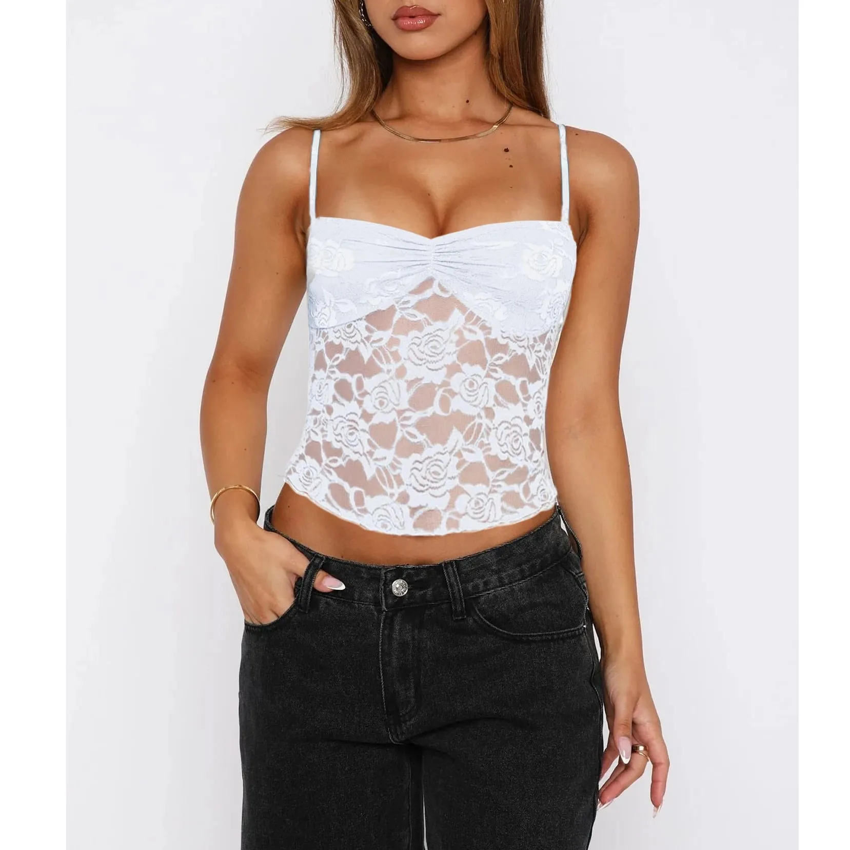 Women's Summer Lace Cami Tops Sleeveless Ruched Front Solid Color Camisole Slim Fit Tank Tops