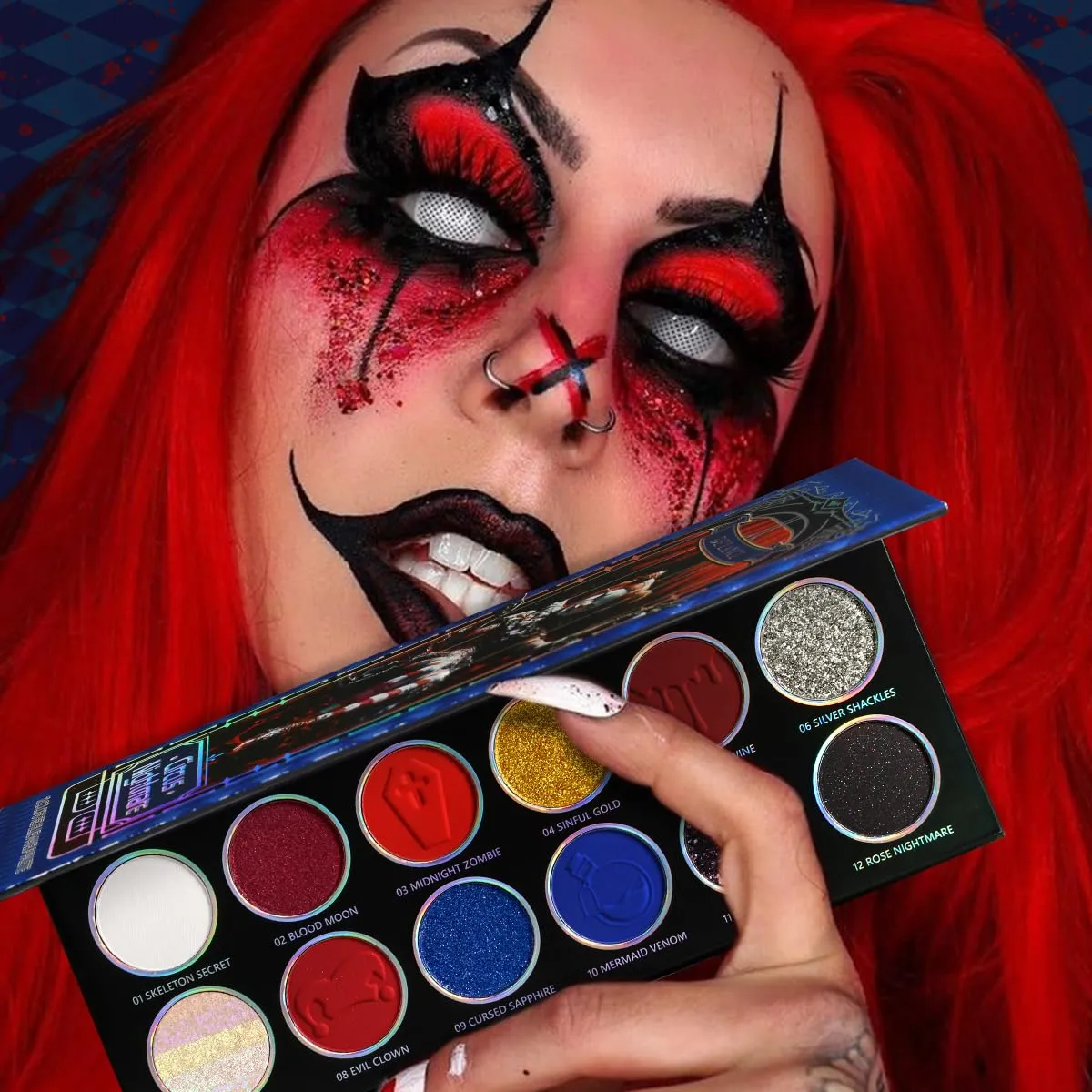 Ögonskuggspalett 12 färger Chameleon Metallic Silver Shimmer Svart Goth Clown Halloween Long Wear Vegansk ögonmakeup 17g