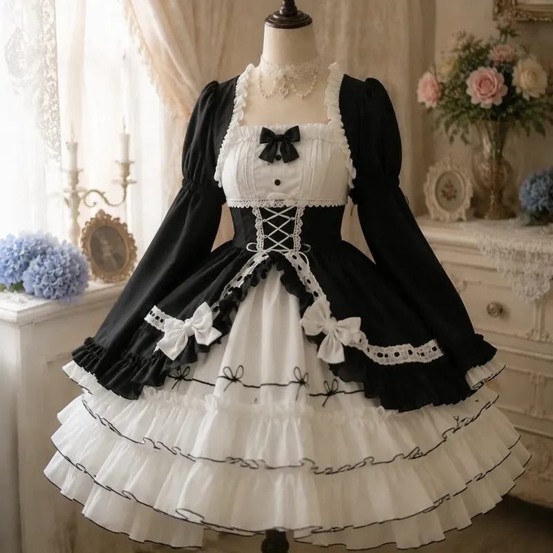 Lolita Kawaii Y2k Long Sleeve Strap Dress Japanese Knee-Length Women Elegant Lace Bow Patchwork Ball Gown Sweet All Season