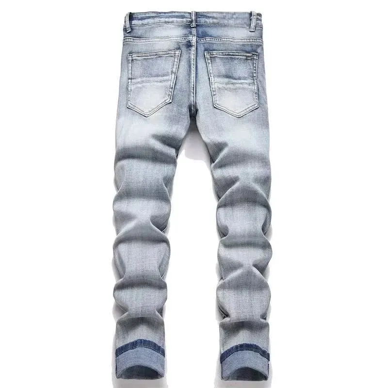 Men's Hip-Hop Style Distressed Holes Jeans Wash Ripped Pants with Red Embroidered Patches Casual Trendy Streetwear Trousers
