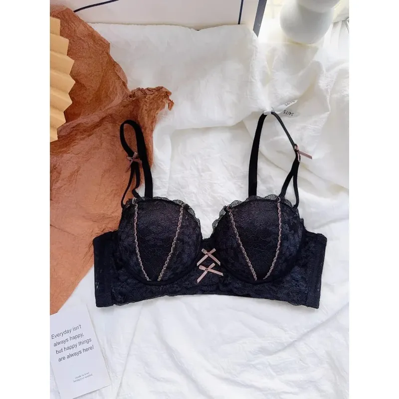 Sweet French Lace Women Bra Set Wire Free Push Up Lingerie Top Side Support Anti Sag Brassiere Panty Suit For Small Bust 32‑38