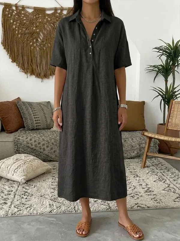 2026 Women's Spring and Summer New Casual Straight-Cut Comfortable Polo-Neck Linen Short-Sleeve Dress