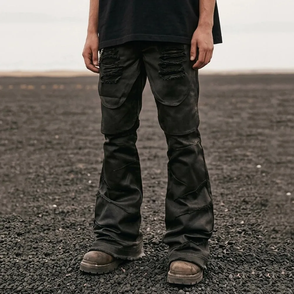 Streetwear Brush Wax Triple Tassel Jeans Pants for Men Frayed Hole Harajuku Ropa Hombre Baggy Casual Denim Trousers Oversized