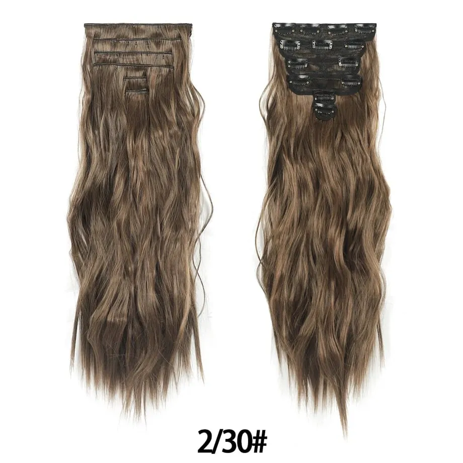 6PCS Clip in Hair Extensions Honey Blonde Mixed Light Brown 24 Inch Long Water Wavy Synthetic Hair Extensions For Women Use