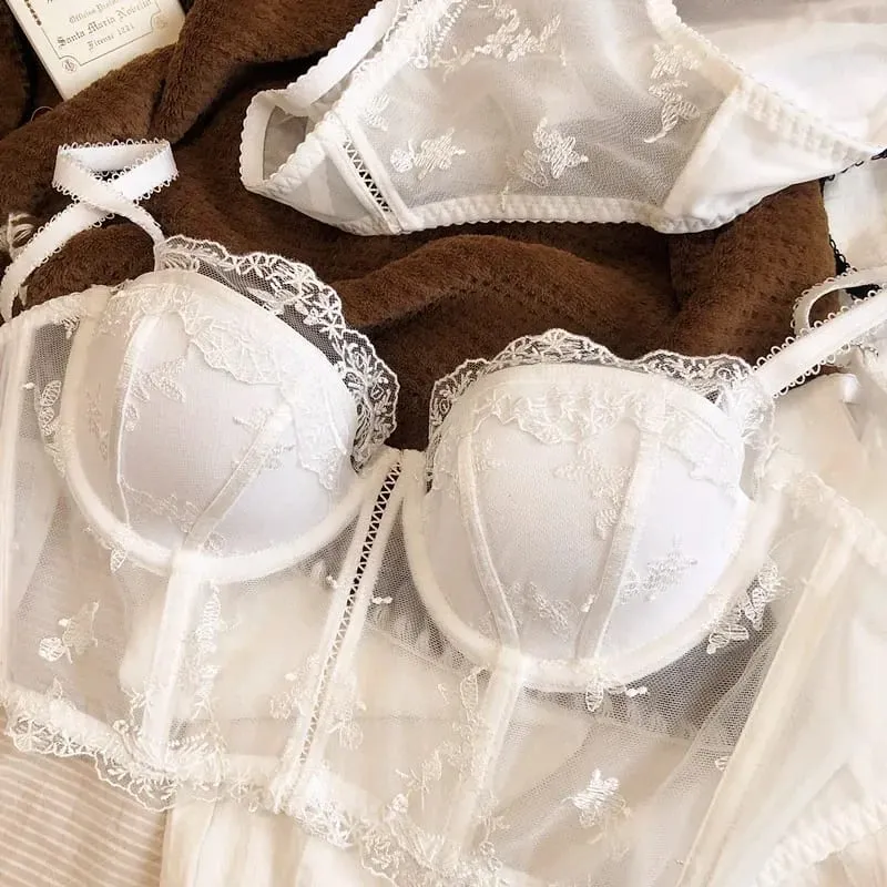 Retro Half Cup Embroidered Lace Bra & Panty Set Push Up Sexy Body Sculpting Lingerie