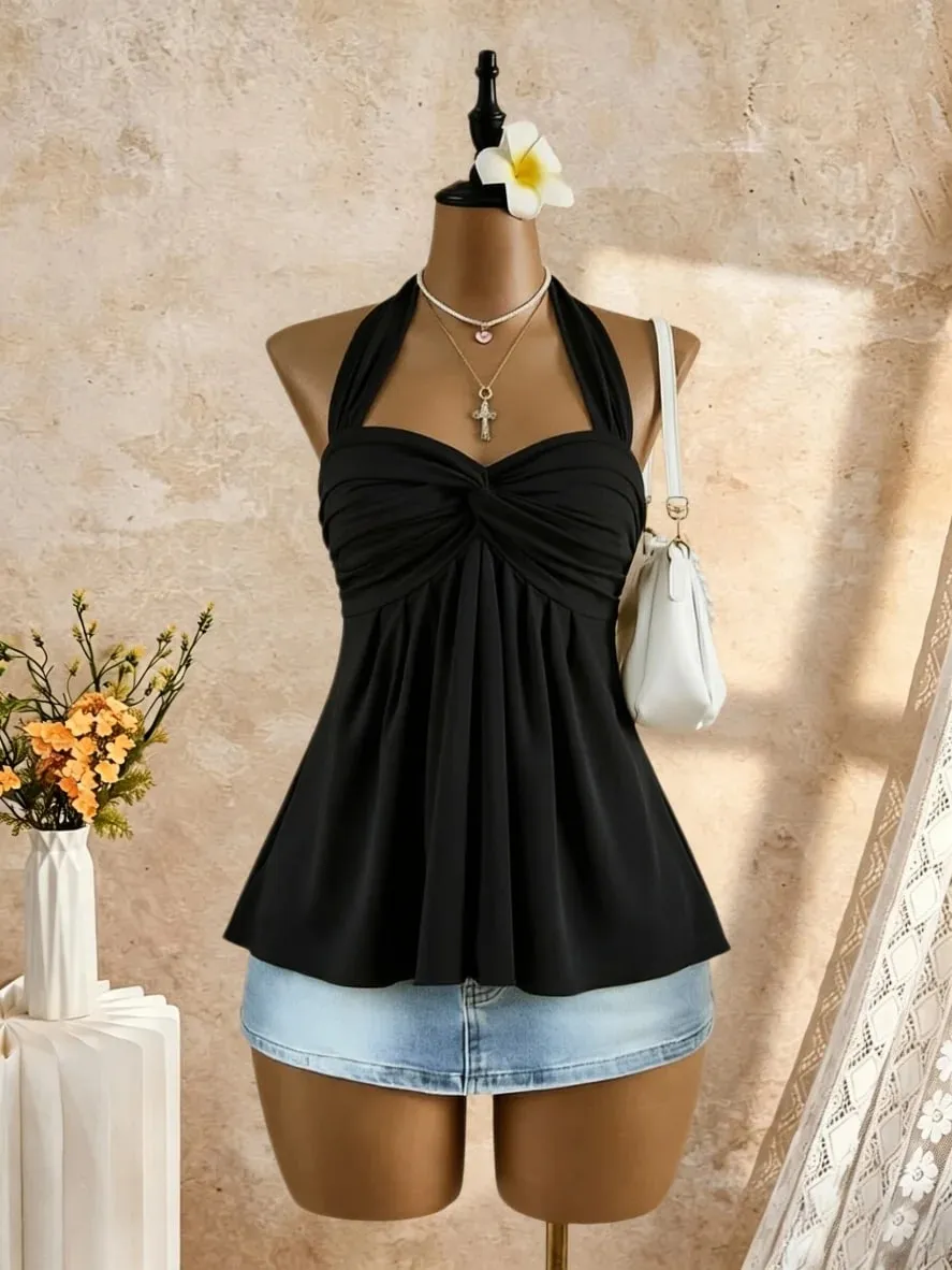 Women Halter Twist Front Sweetheart Neck Flared Peplum Camisole 2026 Summer Y2K Solid White Sleeveless Flowy Beach Vacation Tank