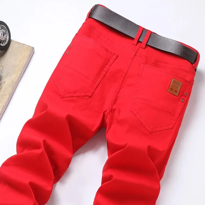 Spring New Men's Red Elastic Jeans Korean Slim Straight Leg Wash Denim Pants Comfortable Soft Casual Trendy High End Trousers