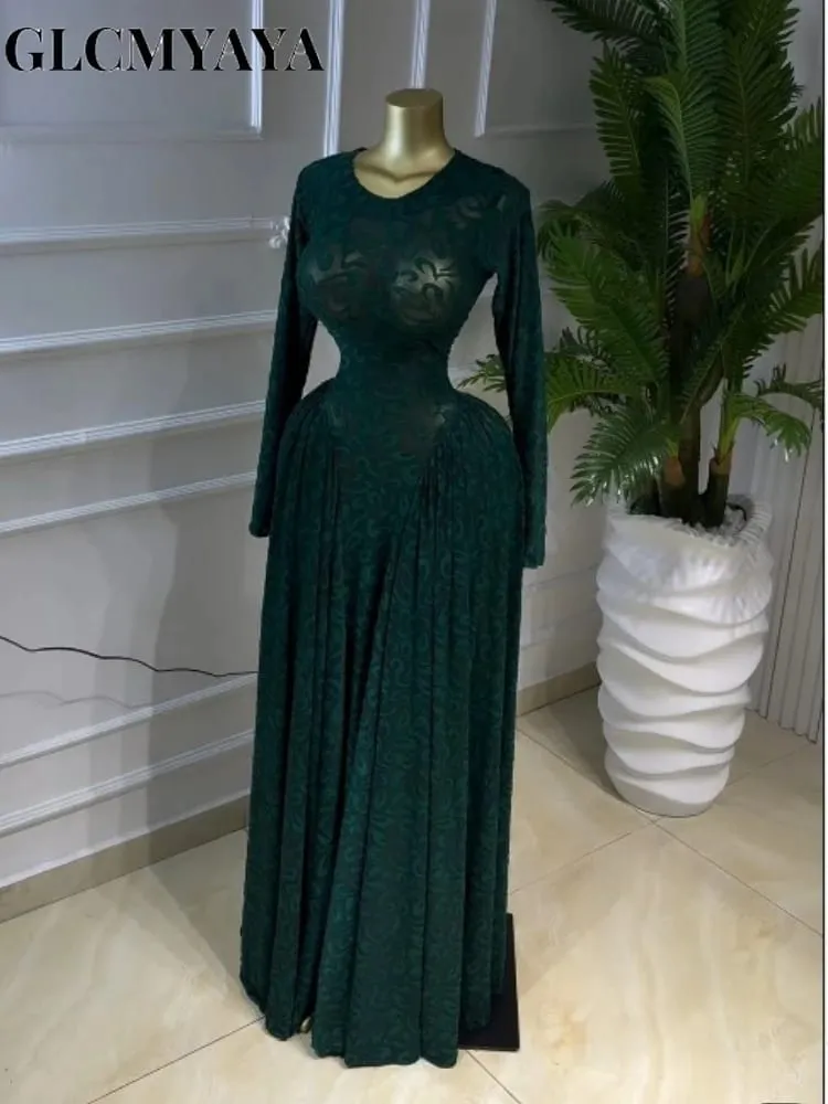 CM.YAYA Women Lace Up O-neck Long Sleeve Big Swing A-line Maxi Dress 2026 Sexy Parties Education Vacation Long Dresses Vestidos