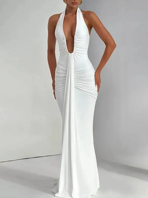 Deep V Neck Draped Ruched Sexy Maxi Dress Women Summer Fashion Halter Sleeveless Backless Club Party Long Dress Elegant BM98