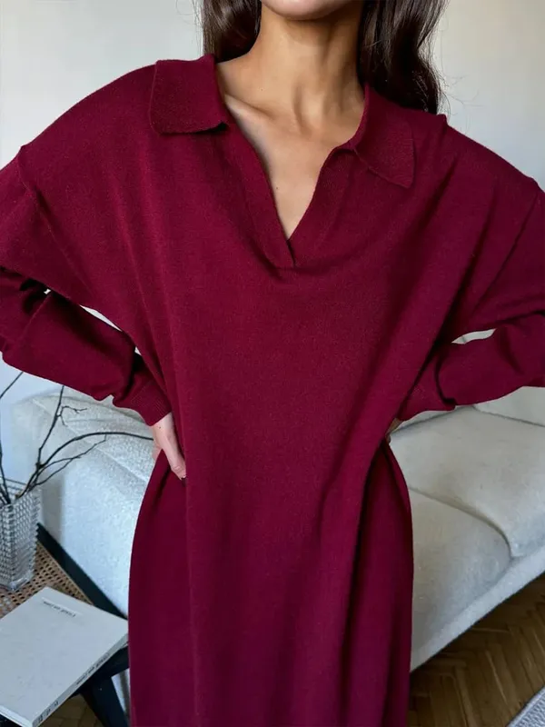 Hirsionsan Gaun Sweter Leher Polo Longgar Musim Gugur Musim Dingin Lengan Panjang Gaun Rajut Solid Elegan Lembut Wanita Pakaian Baru 2025 Wanita