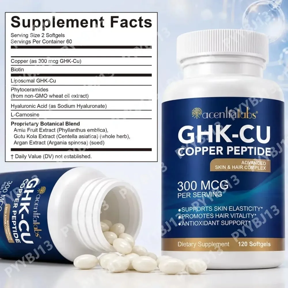 Natural Vegan Skin Hair Complex Supplements Liposomal GHK-Cu Copper Peptide Softgels Capsules 120pills with Biotin for Adults