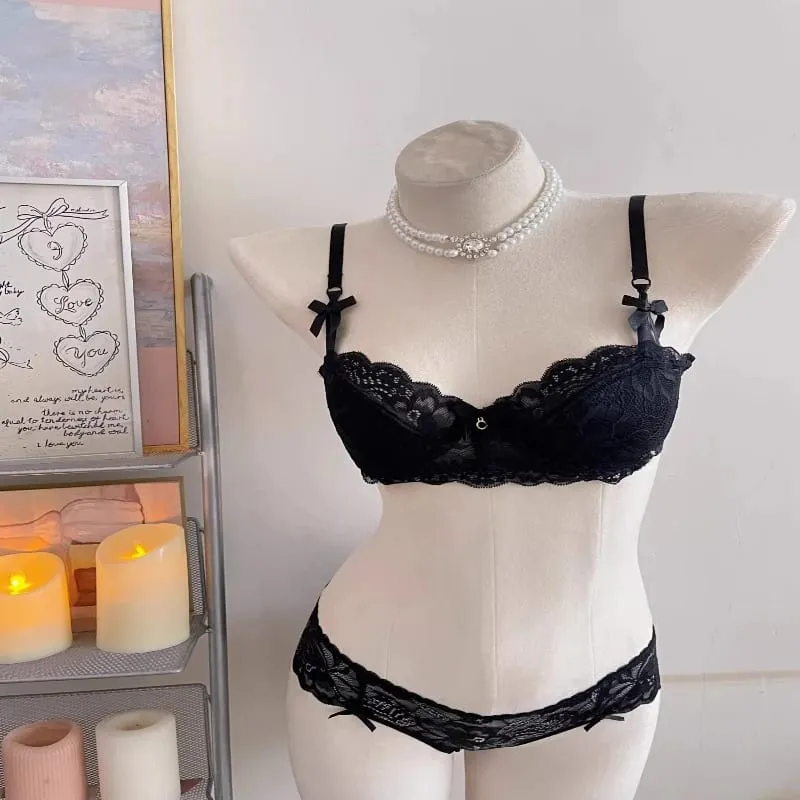 Elegant Lace Half Cup Bra Set Women Soft Underwire Gathered Thin Support Modest Exquisite Lace Comfort Lingerie Set 4 Colors 32-