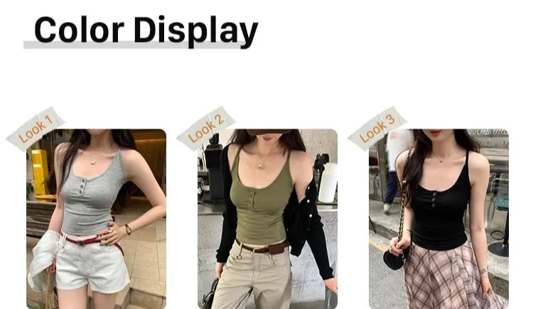 Korean Stylish Design U-Neck Button Sleeveless Camis 2026 Summer Y2K Hot Girl Layering Tank Top Solid Color Versatile Crop Top