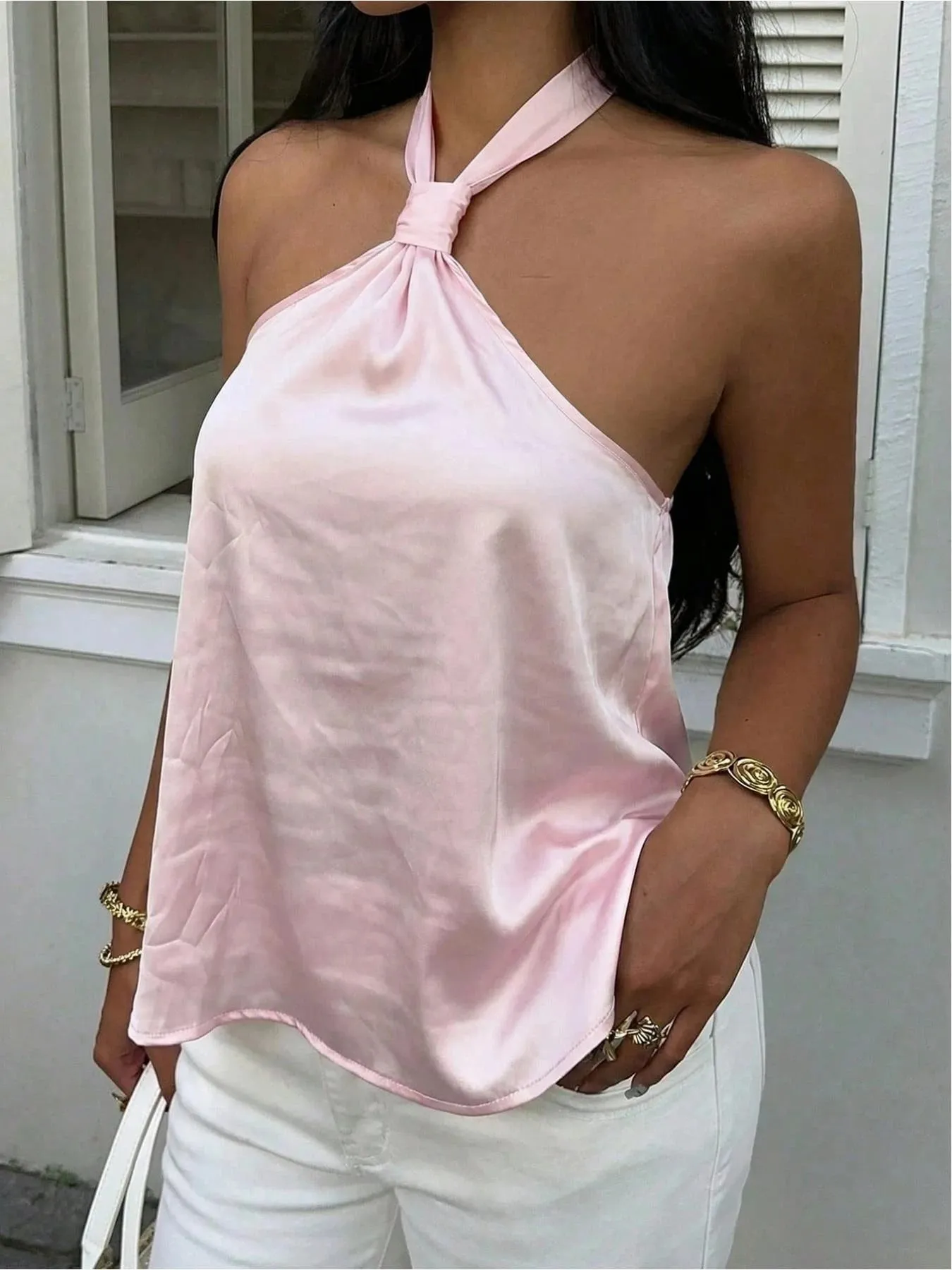 Women's Fashion Polka Dot Print Halter Necktie Top One Piece Round Dot Patterned Halter Style Vest-Style Upper Apparel