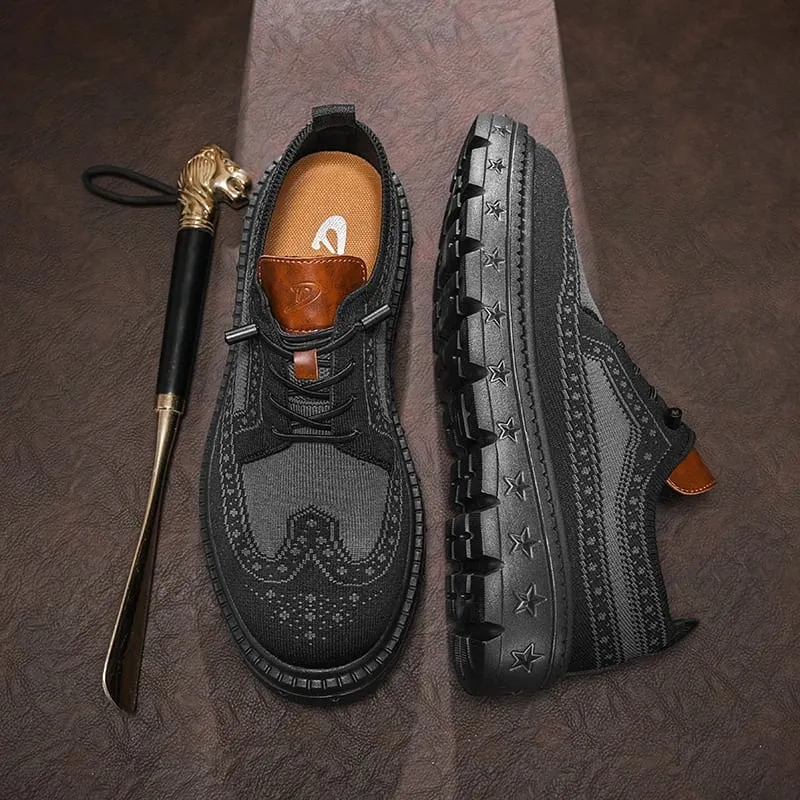 Men's Brogue Knit Oxford Sneakers Breathable Lightweight Casual Dress Walking Shoes Soft Cushion Non Slip Platform Fashion Sne