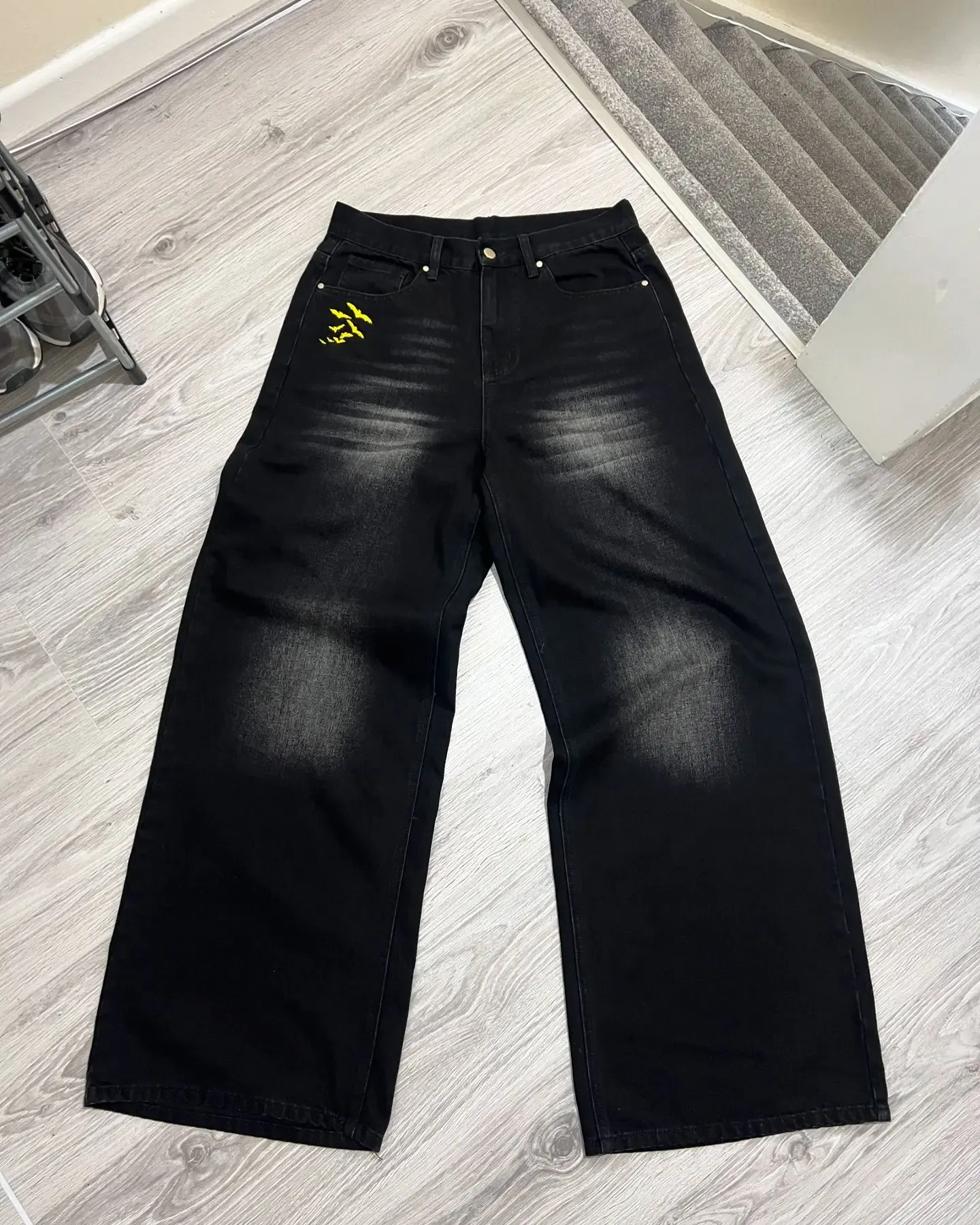 Y2K Jeans Longgar Bordir Hewan Kelelawar Celana Denim Gotik Hip Hop Hitam Pria Antik Celana Panjang Kaki Lebar Lurus Wanita Mode