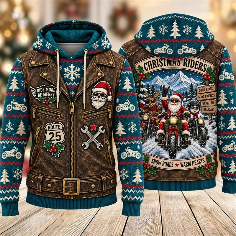 Christmas Biker Hoodie 3D Print Santa Reindeer Gingerbread Rider Faux Leather Vest Holiday Pullover Winter Streetwear Gift