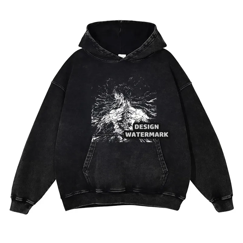 Anime Levi Hoodies Vintage Washed A-Attack on Titan Hoodie Casual Manga Yeager Eren Kapuzenpullover Titan Attack Pullover
