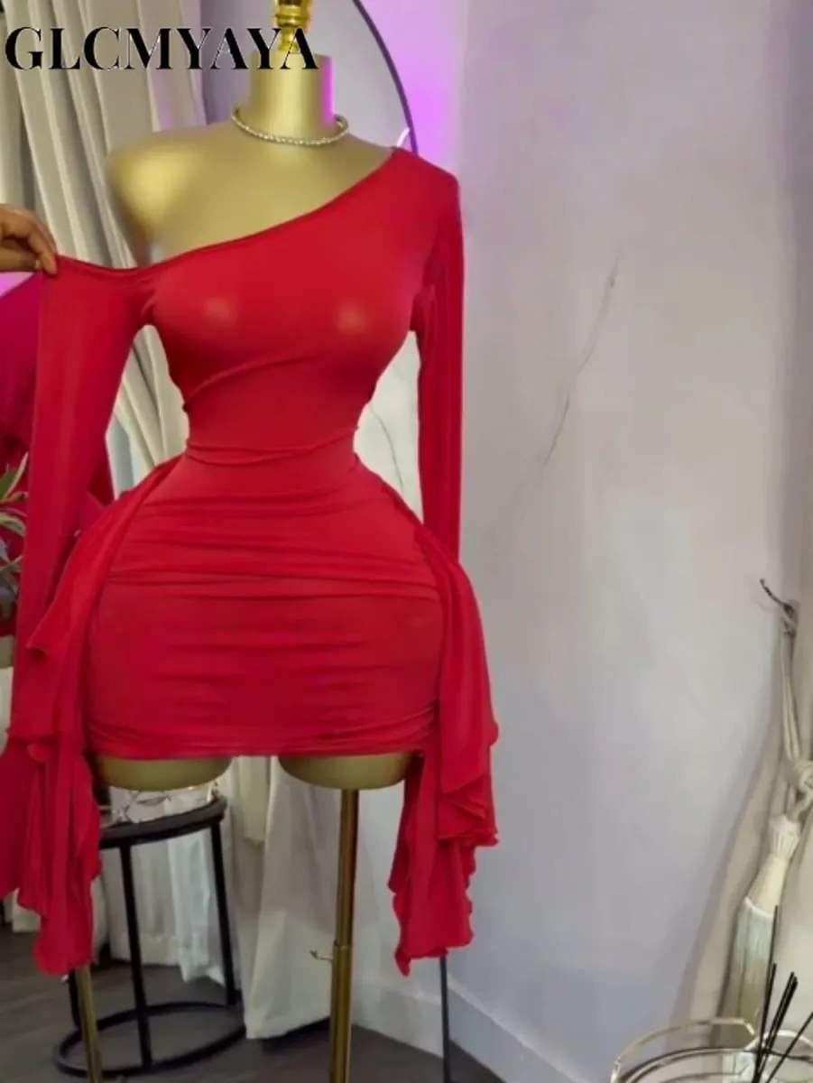 Women Drop Shoulder Flare Sleeve Ruffles Side Bodycon Midi Mini Dress 2026 Birthday Holiday Trendy Dresses Vestidos