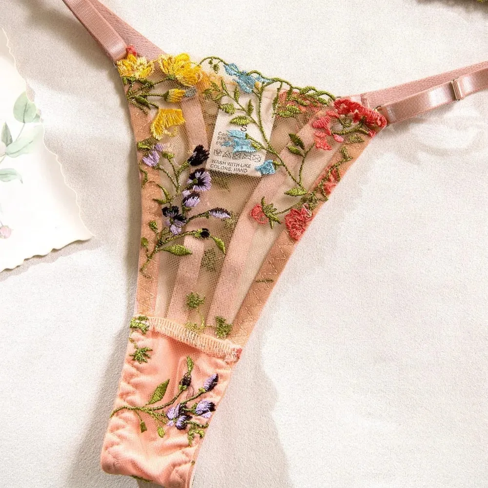 2-Piece Fashion Floral Lingerie Set Embroidery Sheer Underwear Intimates Underwire Push-up Versatile Bra Panty Set For Lady Girl