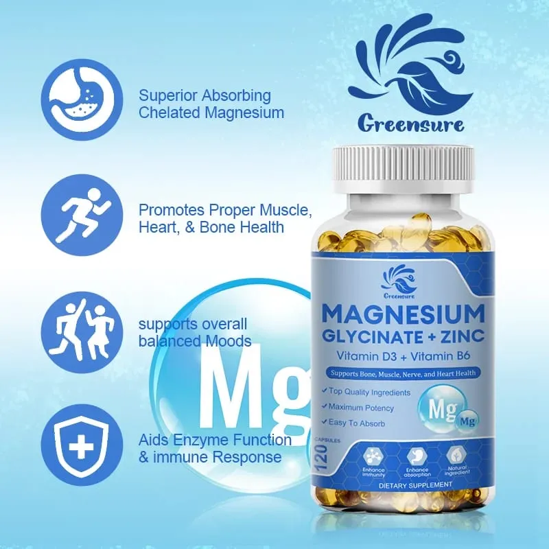 แมกนีเซียม Glycinate D3 B6 แคปซูลสำหรับผ่อนคลายกล้ามเนื้อเส้นประสาทและอาหารเสริมสุขภาพหัวใจ