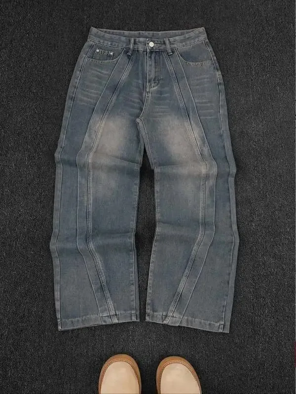 Calças de brim dos homens americano vintage streetwear azul escuro perna larga denim calças retalhos ponto contraste lavado solto ajuste retro moda