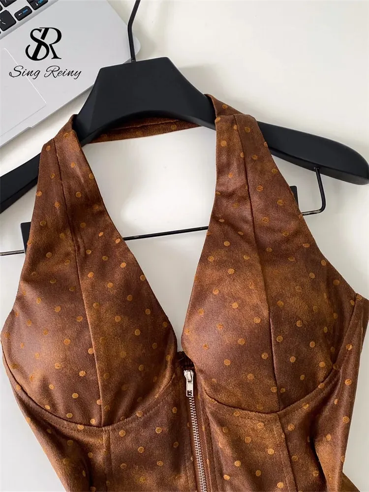 Polka Dot PU Leather Sexy Top Slim Backless Shirred Zipper Sensual Tank Top 2026 Women Trendy Halter Hotsweet Camisole