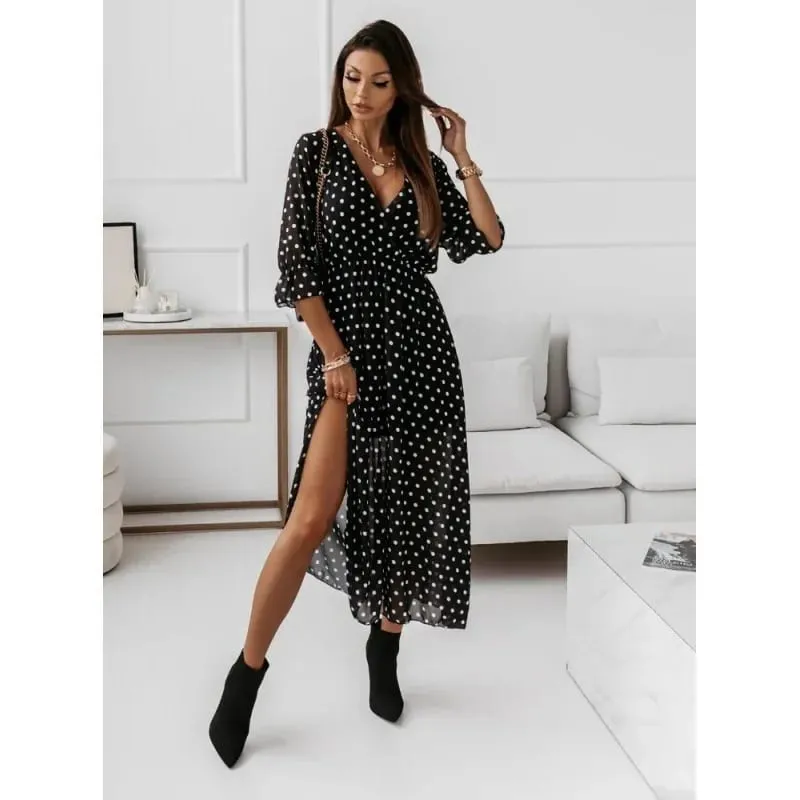 Women's V-Neck Midi Dress Chiffon Print Waist-Cinched Side-Slit Soft Polyester Fiber Comfortable Spring Summer New Style
