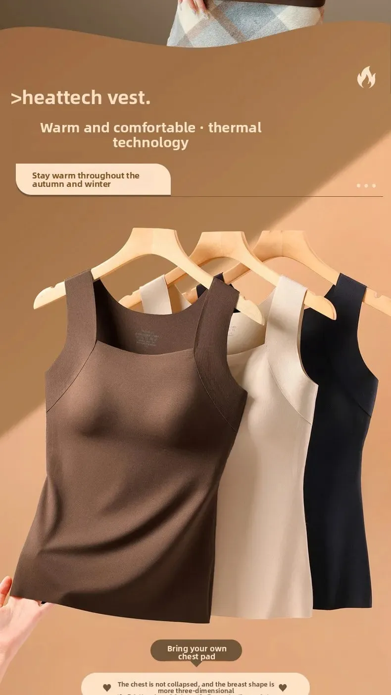 For 40-90kg Autumn Seamless Plus Size Thermal Vest With Build-in Bra For Women Fixed Cup Beauty Skin Tank Tops Square Collar