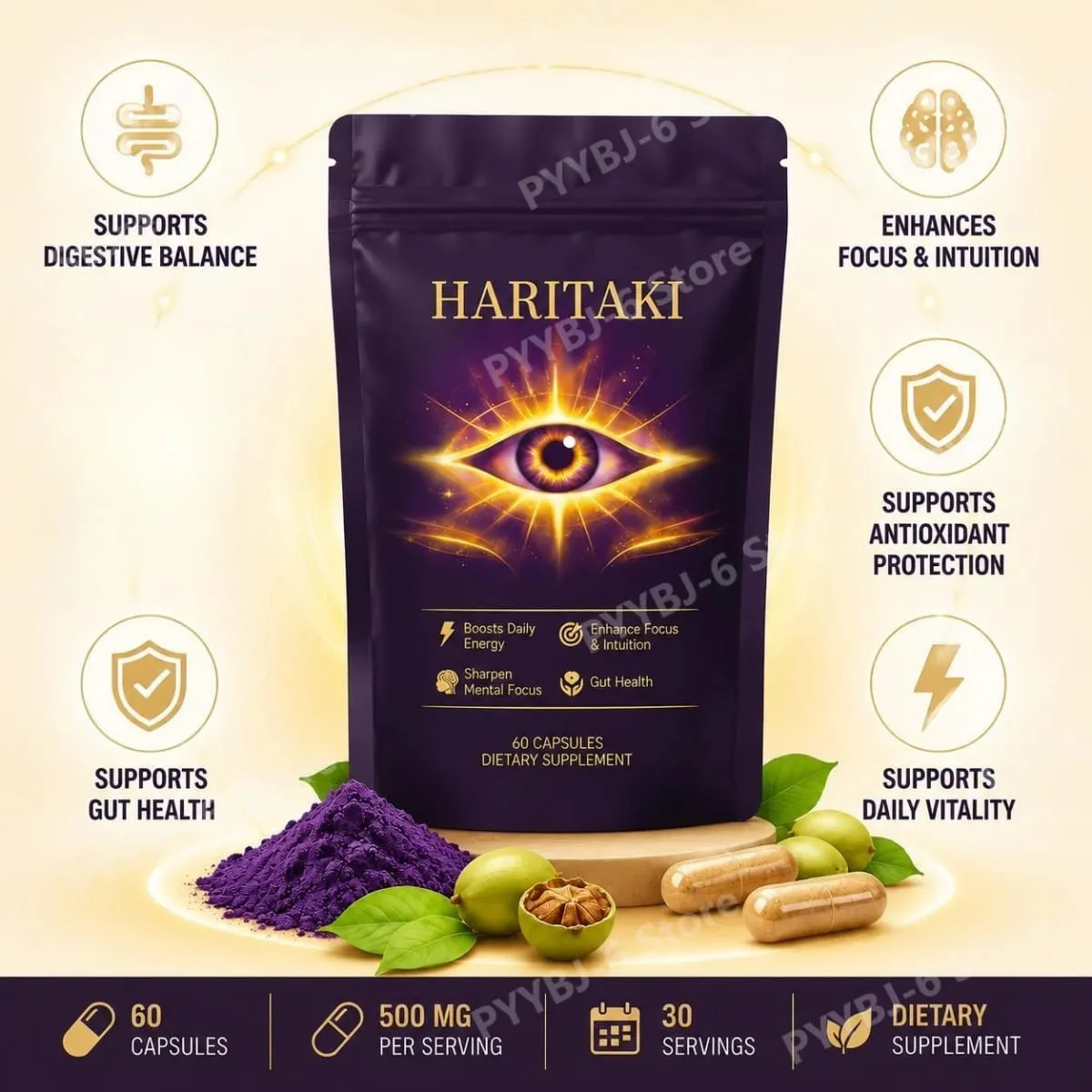 Haritaki Fruit Powder Capsules 500mg Digestive Balance and Gut Health Support Daily Wellness Formula 60 Capsules
