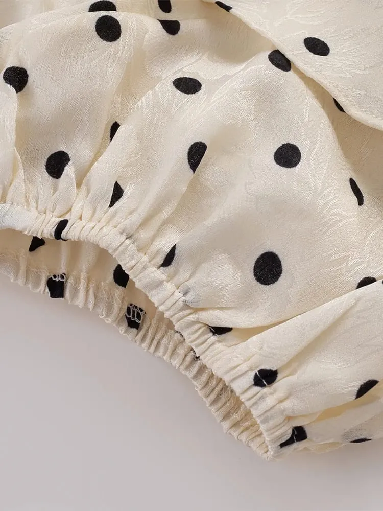 Chu Sau beauty Damen Neue Mode Süße Polka Dot Print Chic Rüschen Midikleid Französisch V-Ausschnitt Puffärmel Vintage Partykleider