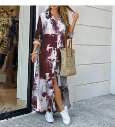 Women Dresses Fashion Sexy Single-breasted Dress Loose Lapel Casual Women's Clothing Literary Printing Long Shirt Skirt