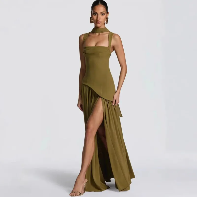 Elegant Off-shoulder Strapless Sexy Summer Party Women Gown Patchwork Pleat Scarf Neck Holiday Evening High Split Long Dresses