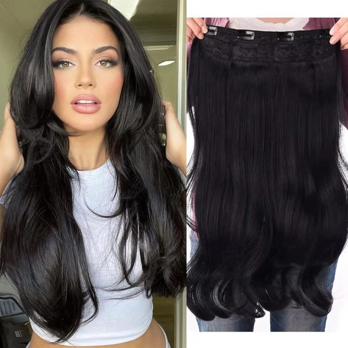 24 Inch Clips in Hair Extensions for Women Synthetic Long Natural Wavy Curly Hair in One Hairpiece Weft with Secure 4 Clips in