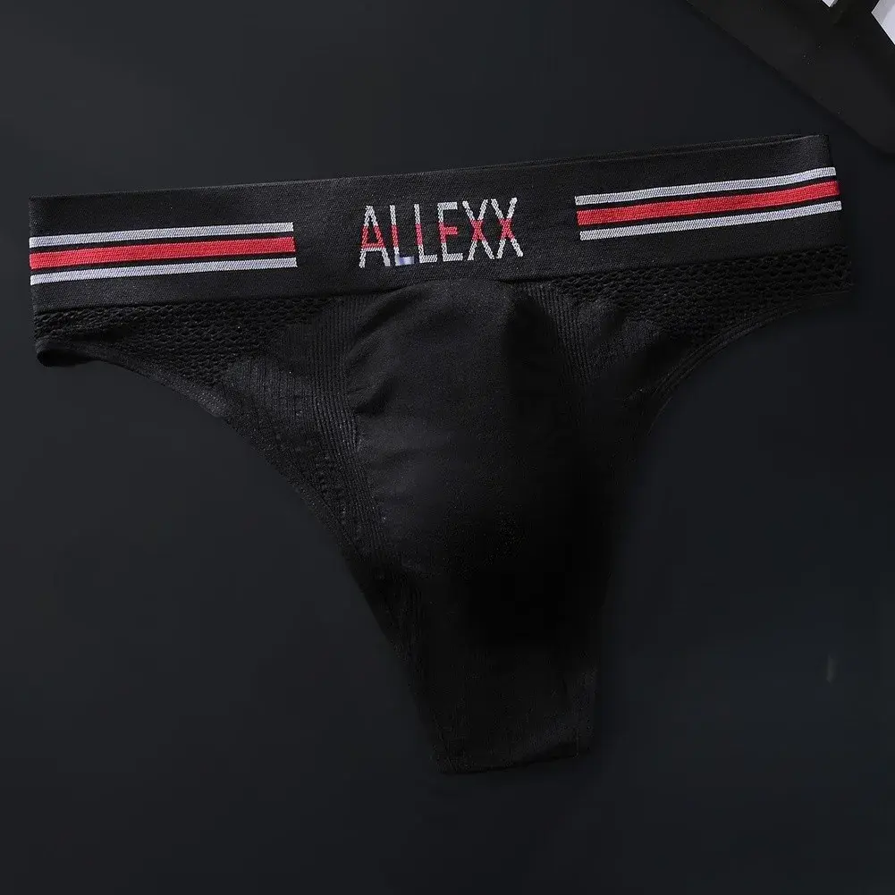 1pc Men's G-String Underwear 3D Bulge Pouch Striped Letter Printing Briefs Elastic Mesh Breathable Comfortable Thongs