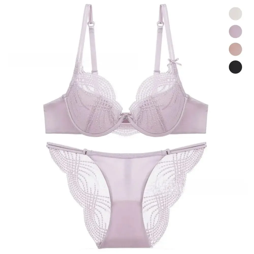 Hollow Thin Cup Women Lingerie Set Seamless French Style Push Up Bra Set Silk Satin Lace Embroidery Lingerie Women Intimates