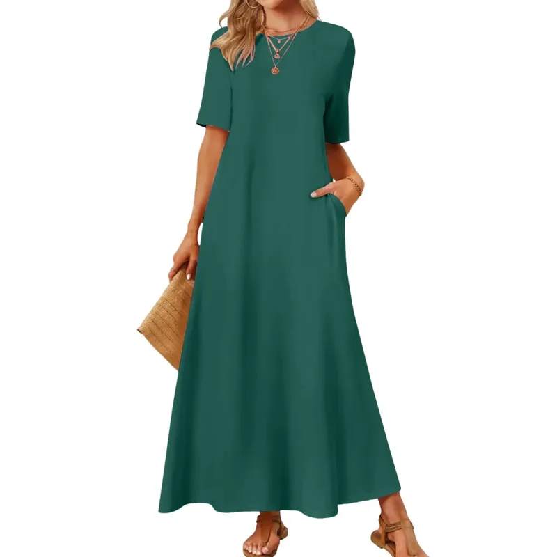 Nữ Mùa Hè Áo Đầm Tay Ngắn Cổ Tròn Đầm Maxi Có Túi Áo Đầm Sundress Màu Trơn Một Đường Áo Dài