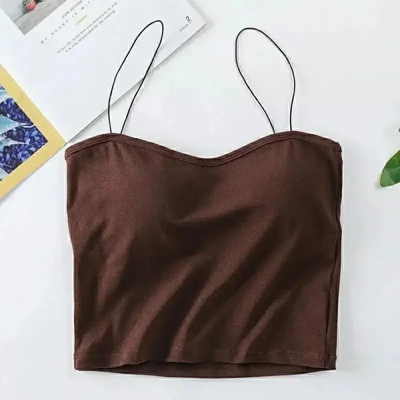 Atasan Vest Musim Panas Wanita Tanpa Lengan Kapas Atas Tiub Berbalut Tapak Rompi Atasan dengan Pad Payudara Atasan Anjal Lembut Yang Boleh Ditanggalkan Lancar