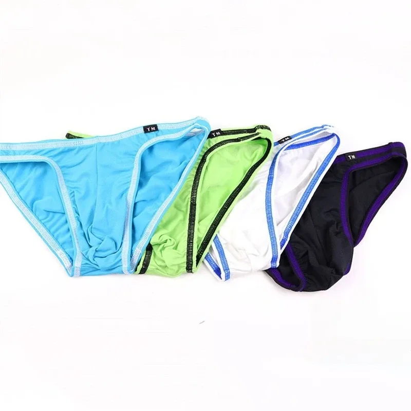 Sexy Male Big Pouch Briefs Contrast Color Binding Edge Low Waist Silky Smooth Candy‑colored Men Daily Intimate Underwear Panties