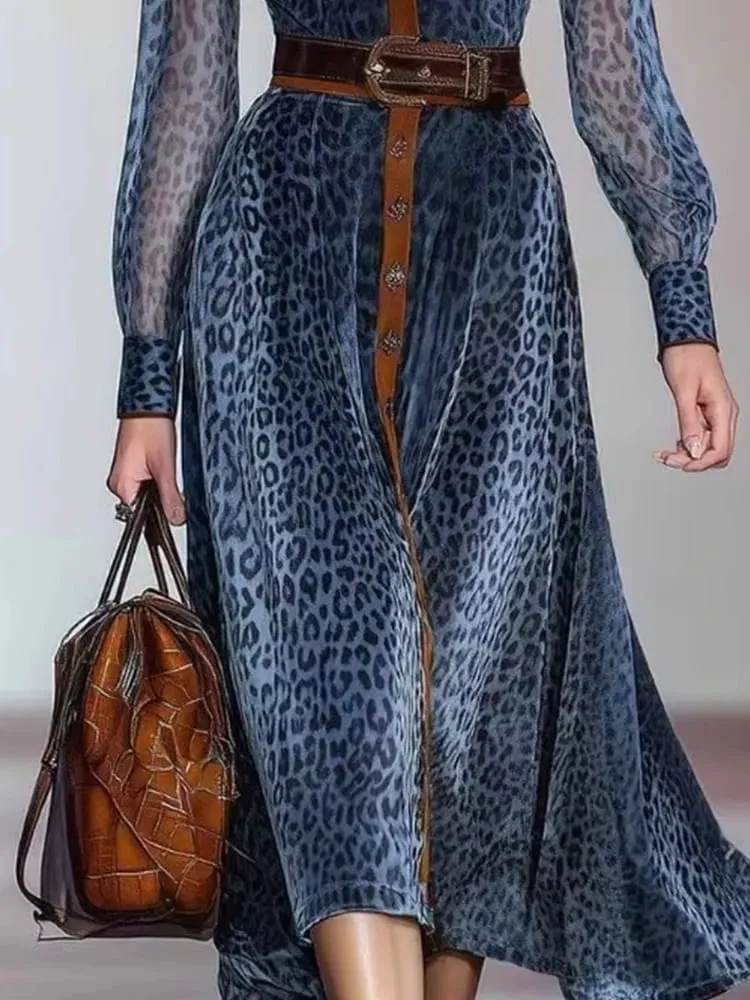 Gaun elegan wanita gaun jaring motif macan tutul gaun lengan panjang Chic antik kancing sebaris kerah kerah blok warna
