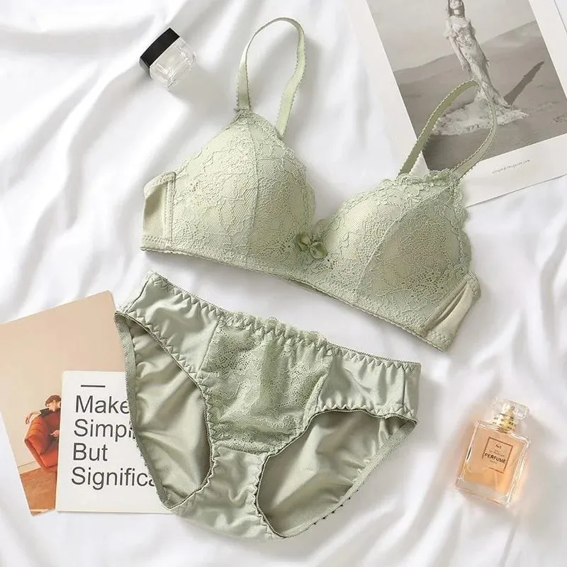 Women Lace Lingerie Set 32‑40ABC Cup Bow Decor Soft Comfort No‑Wire Bra And Briefs Breathable Intimate Underwear Suit