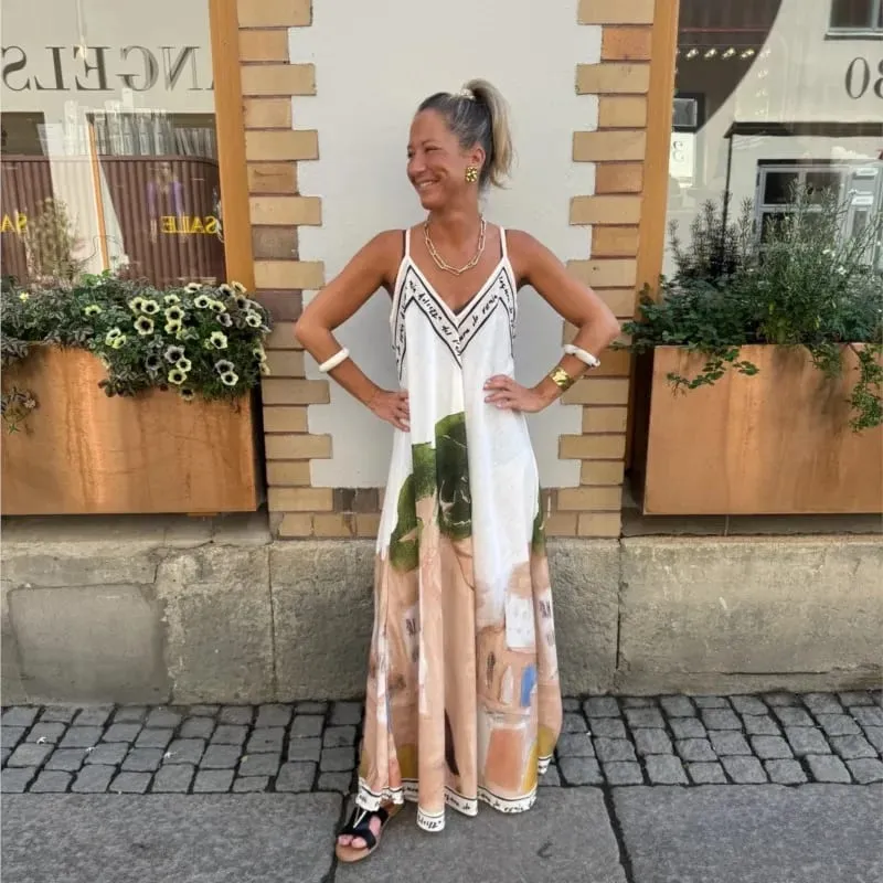 Casual Off Shoulder Hollow Swing Beach Dress Loose Suspender Summer Bohemian Dress Vintage Women V Neck Sleeveless Holiday Dress