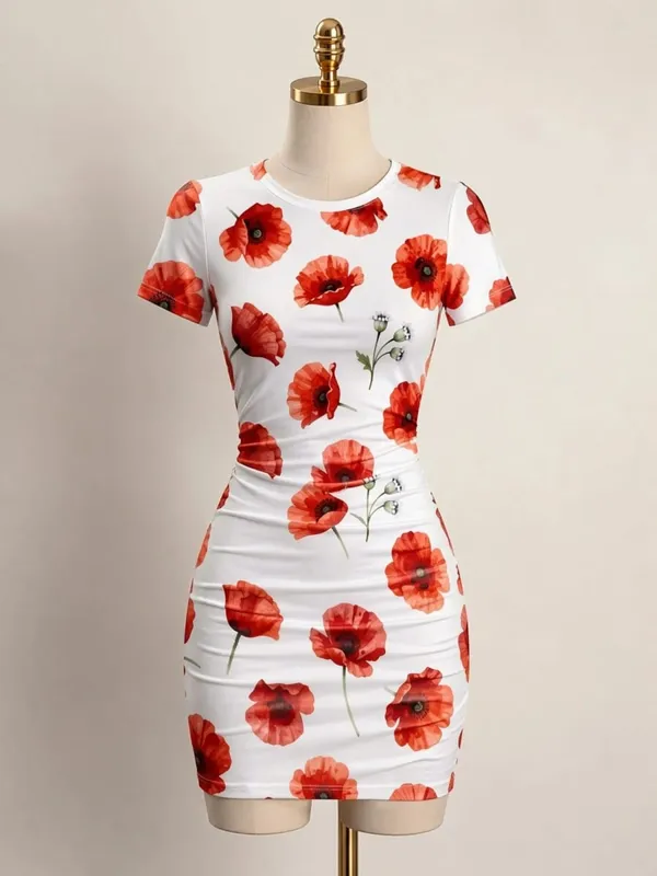 Kortærmet Dame Bodycon Minikjole Slim Fit Rundhals Blomsterprint Afslappet sommerfest Let flatterende festsolkjole