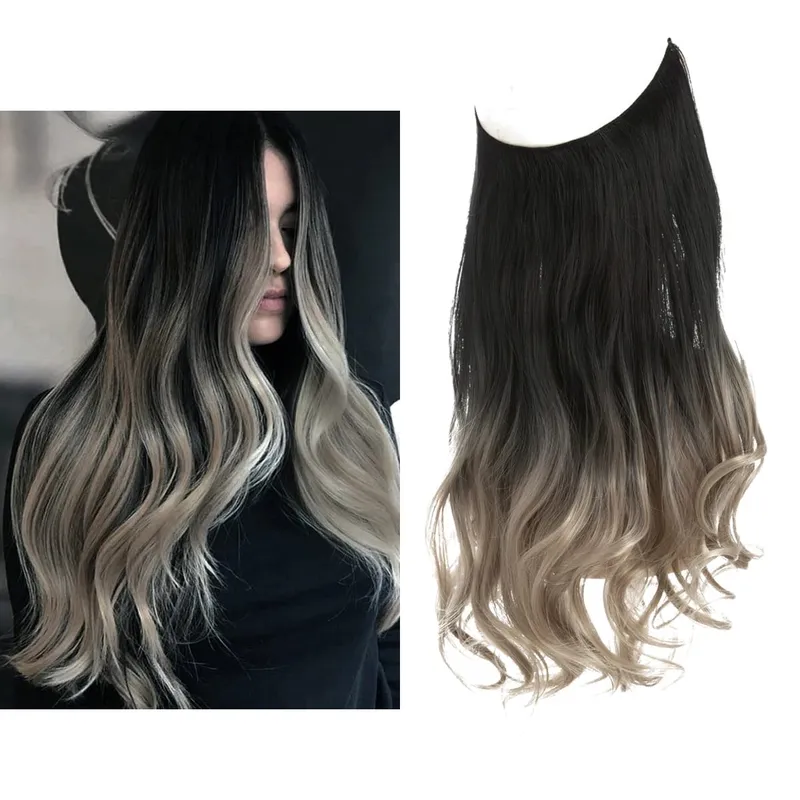 Sintético sem clipes na extensão do cabelo natural ombre preto loiro rosa uma peça onda longa fio invisível falso pedaço de cabelo