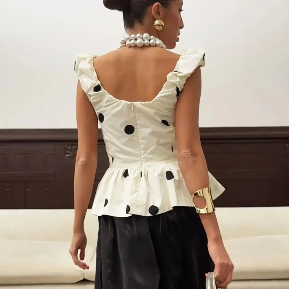 Slim Deep V Neck Polka Dot Tank Top Off-shoulder Ruffled Sleeveless Silk Vest Backless Lace Camis Female