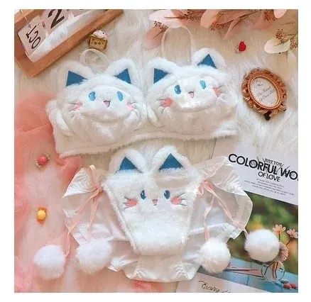 Cute Cat Paw Plush Lingerie Set for Women Warm Winter Bra & Panty with Ears Comfortable Kawaii Underwear