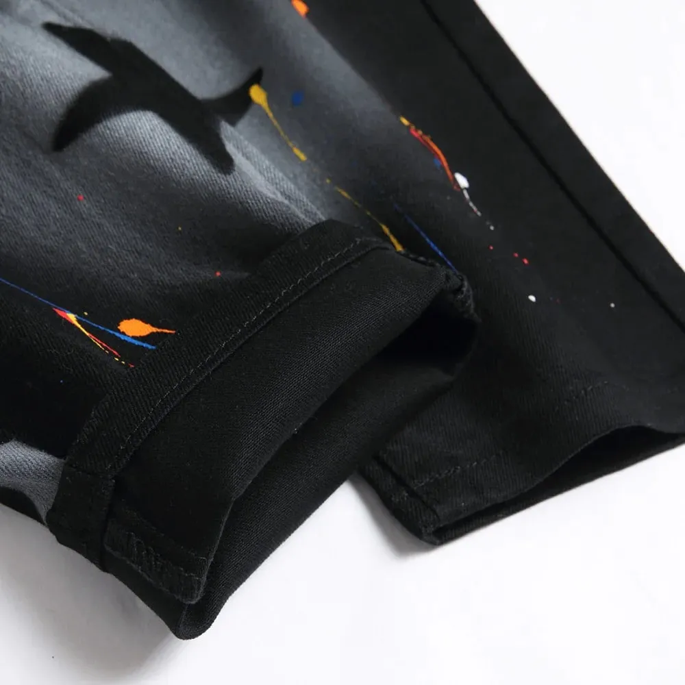 Men Star Painted Denim Jeans Casual Graffiti Print Slim Straight Pants Black Stretch Cotton Spandex Trousers