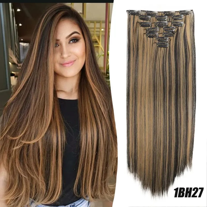 Synthetic 7-piece set with 16 card synthetic straight hair extensions suitable for women's daily party use