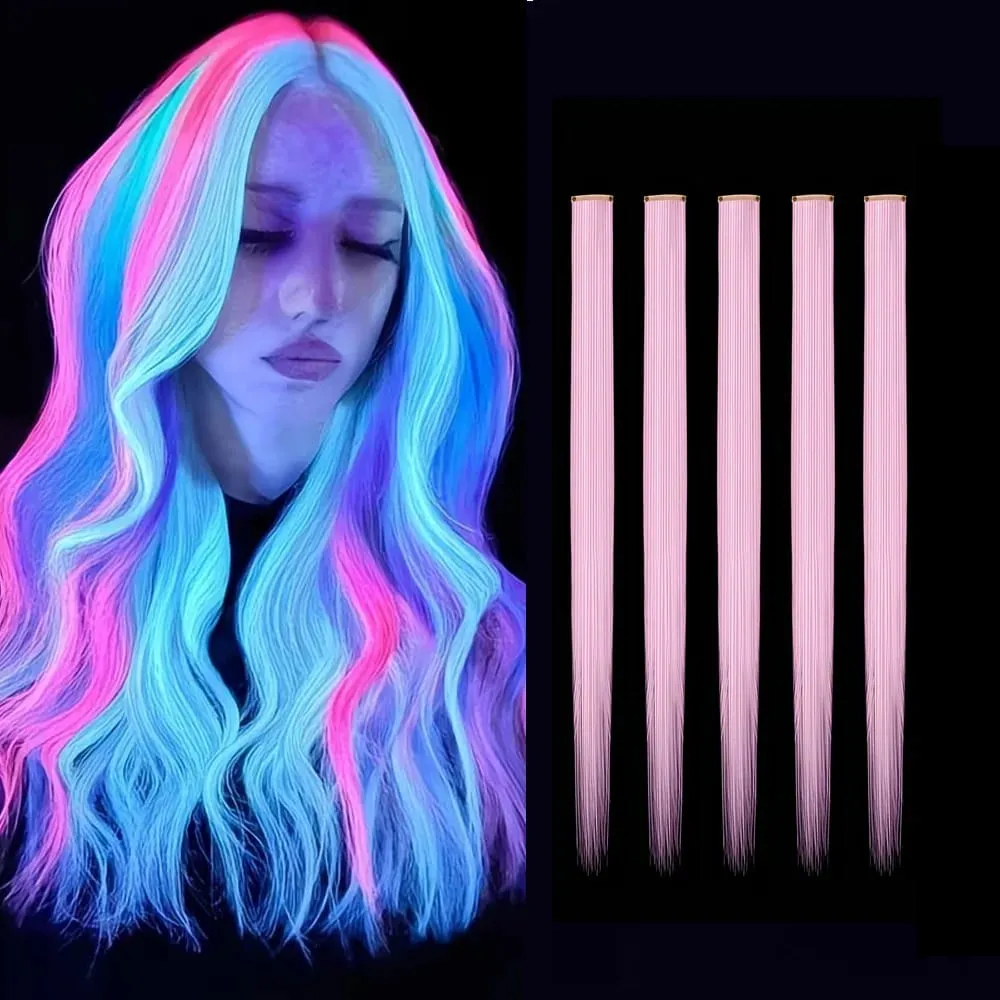 Glow in the Dark Hair Extensions Luminous Colored Hairpieces Colorful Hair Clips Synthetic Neon Fake Hair Clips Hair Accessories